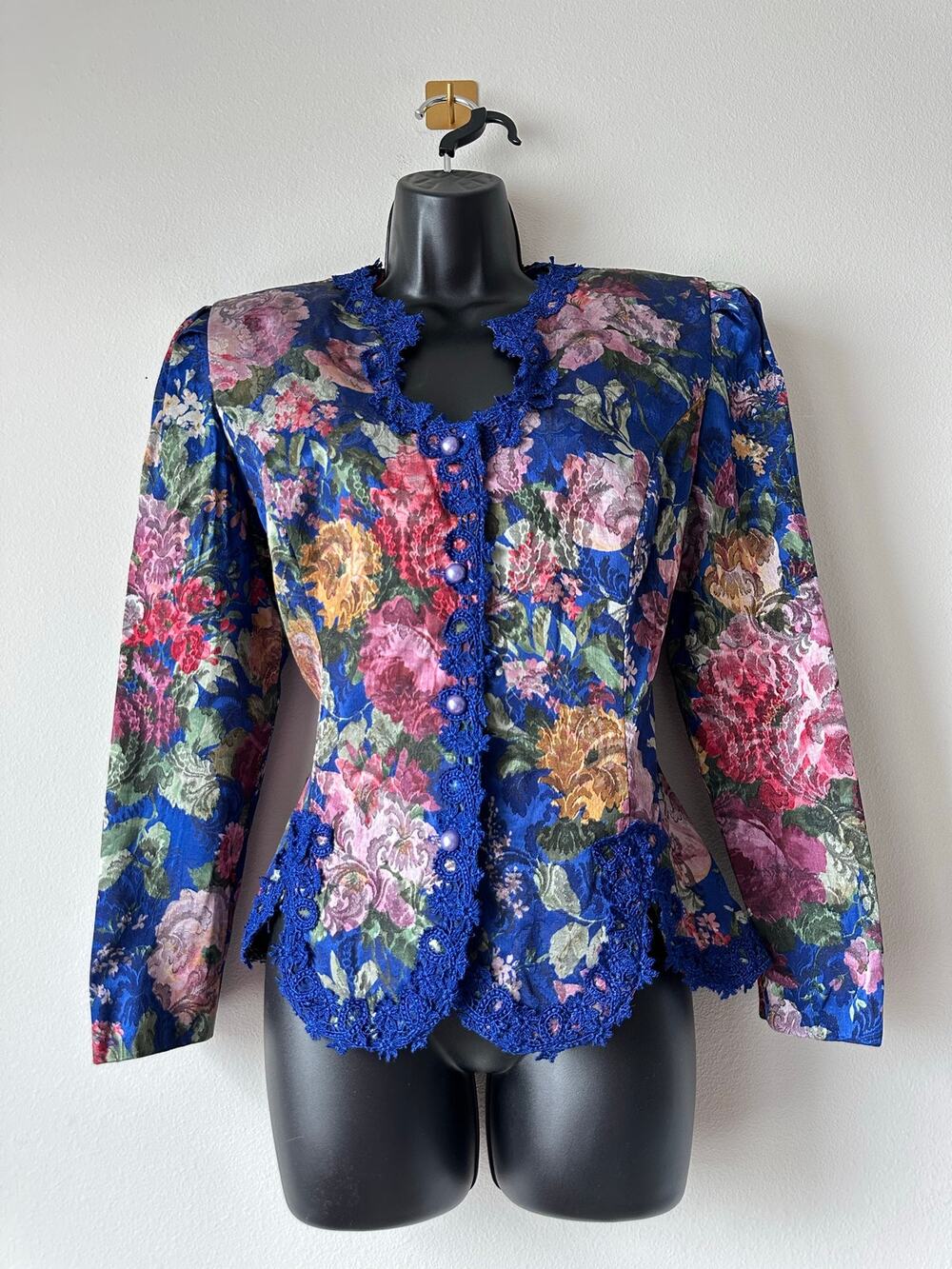 Vintage 80s Floral Tapestry Jacket Blue Lace Trim Peplum  Romantic Size 14
